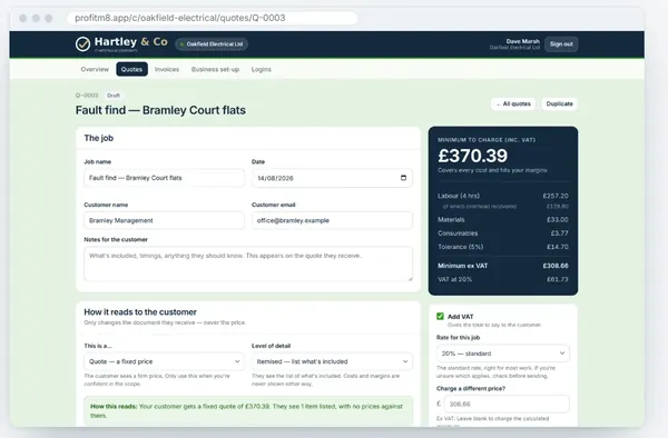 ProfitM8 quote builder pricing a job with labour, materials and margin