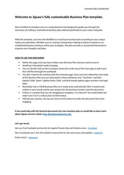 First page of Jigsaw's free business plan template with guidance notes