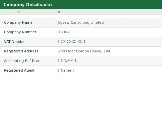 Company Details spreadsheet with fields for company number, VAT number and registered address