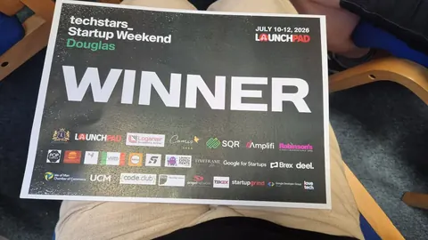Winner sign from Techstars Startup Weekend Douglas, July 2026, won by ProfitM8